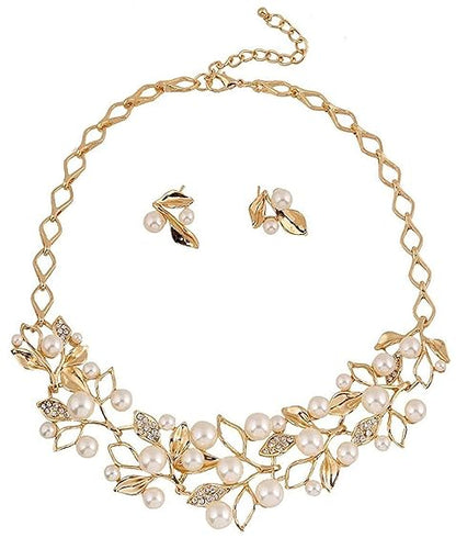 LukGud Gold Plated Pearl Necklace Set/Jewellery Set with Fancy Earrings for Girls/Women