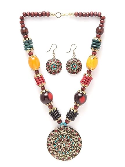 LukGud Latest Stylish Traditional Tibetan Pendant Necklace Jewellery Set for Women