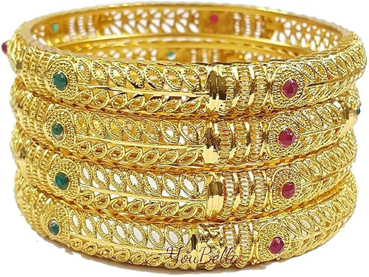 LukGud Traditional Gold Plated Set of 4 Bracelet Bangles Set for Girls and Women