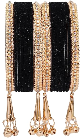 LukGud Velvet Studded Bells Latkan Bangles Set For Girls and Women -Pack of 16 Bangles