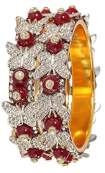 LukGud Stylish Butterfly Design Golden Metal with Zircon Diamond & Pearls Moti Bangles Kada For Women & Girls