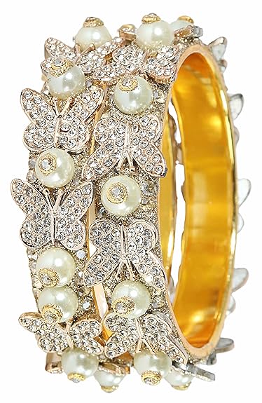 LukGud Stylish Butterfly Design Golden Metal with Zircon Diamond & Pearls Moti Bangles Kada For Women & Girls