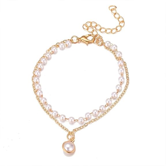 LukGud Trendy Gorgeous Pearl Gold Plated Double Layer Bracelet For Women And Girls