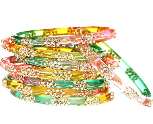 LukGud Multicolor glossy finished bangles with Silver stonework bangles for women & girls(8Pcs)