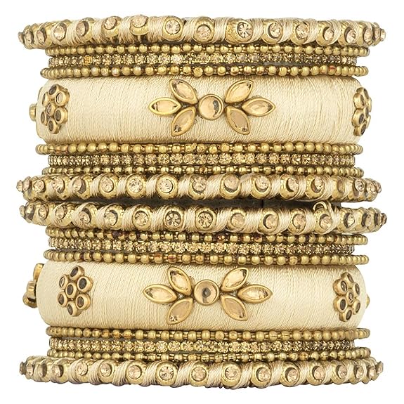 LukGud Kundan Studded Silk Thread Bangles Set