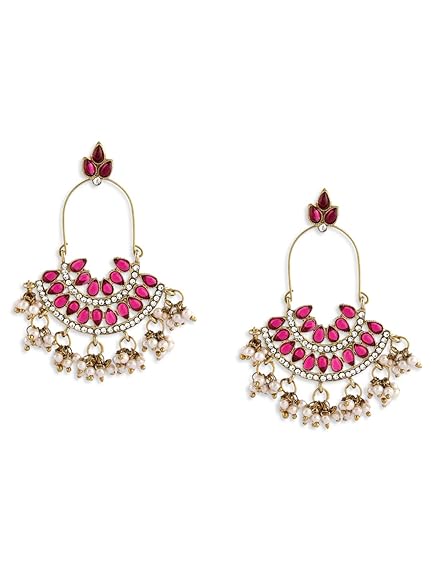 LukGud Pink Kundan Austrian Diamonds & Beads Dangle Ethnic Earrings For Women