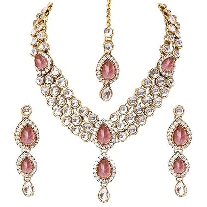 LukGud Latest Stylish 18k Gold Plated Traditional Kundan Necklace Jewellery Set for Women