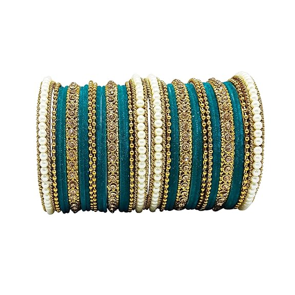 LukGud Traditional fabric stone metal bangles set for women and girls.