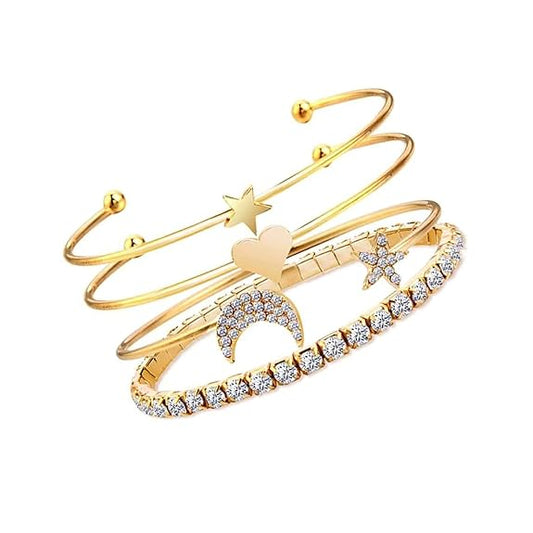 LukGud Bracelet For Women Star Moon Design AD Studded Multi Layered Gold Plated