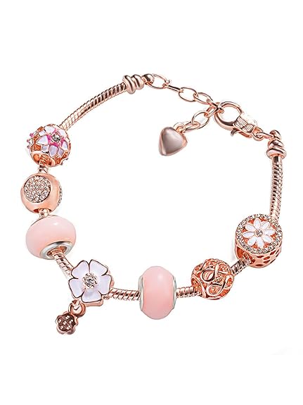 LukGud Silver Rosegold Plated Crystal Pandora Charm Bracelet for Women and Girls