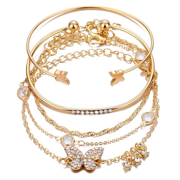 LukGud Set of 5 Stylish Multilayer Crystal Bangle Gold Plated Bracelet for Women and Girls