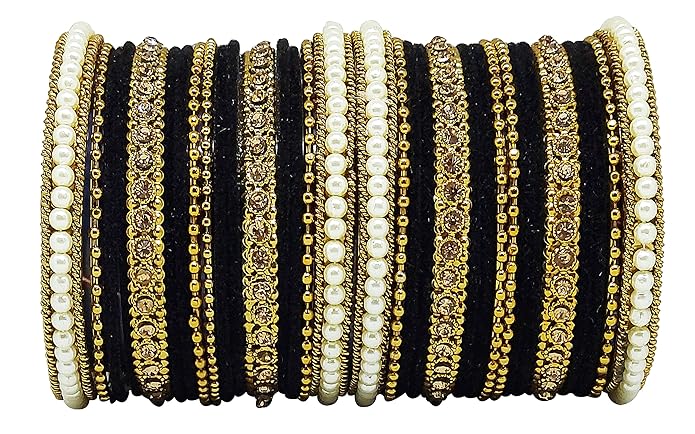 LukGud Traditional fabric stone metal bangles set for women and girls.