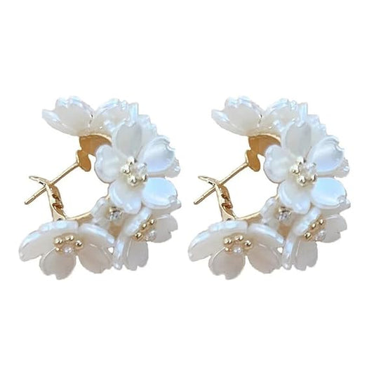 LukGud Latest Sweet Romantic Elegant White Flower Hoop Earrings