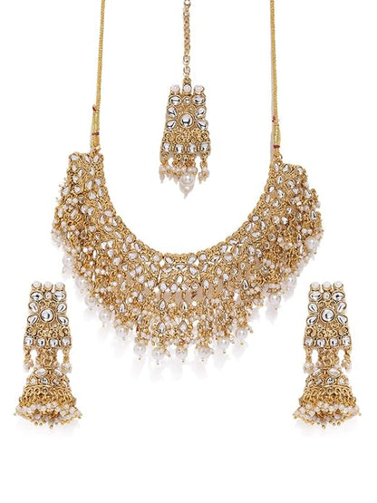 LukGud Gold Tone Kundan & Pearls Bridal Choker Necklace Set For Women