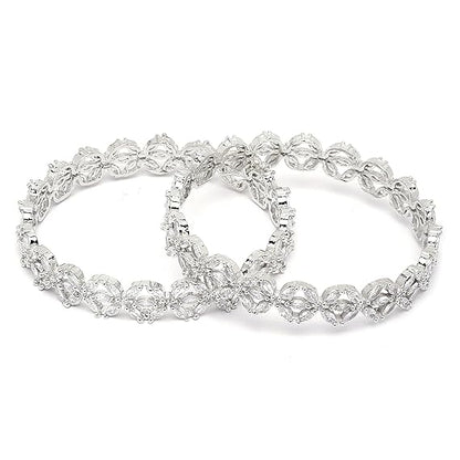 LukGud Rhodium-Plated Silver Toned White Floral | Bangles Jewellery Set for Girls and Women (Set Of 2)