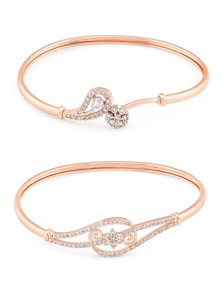 LukGud Set of 2 Rose Gold Cubic Zirconia Contemporary Brass Kada Bracelets For Women