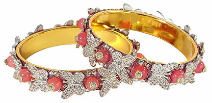 LukGud Stylish Butterfly Design Golden Metal with Zircon Diamond & Pearls Moti Bangles Kada For Women & Girls