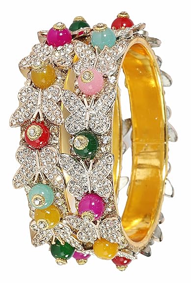 LukGud Stylish Butterfly Design Golden Metal with Zircon Diamond & Pearls Moti Bangles Kada For Women & Girls