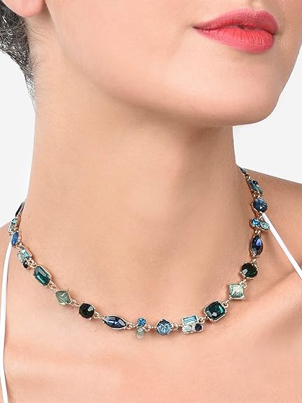 LukGud Green & Blue Dazzling Stones Embellished Contemporary Necklace For Women