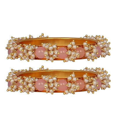 LukGud Gold Plated Cluster Pearl Beads Bangle Set for Women and Girls. (Set of 2)