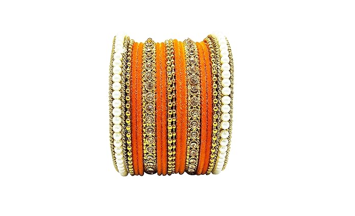 LukGud Traditional fabric stone metal bangles set for women and girls.