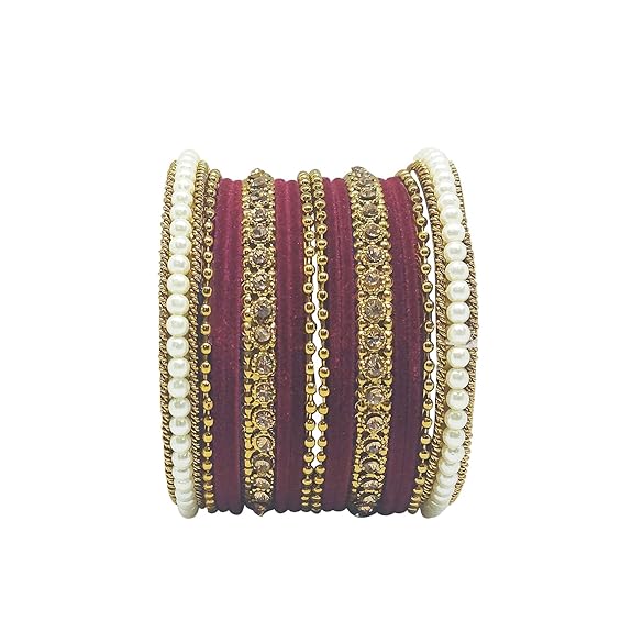 LukGud Traditional fabric stone metal bangles set for women and girls.