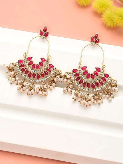 LukGud Pink Kundan Austrian Diamonds & Beads Dangle Ethnic Earrings For Women