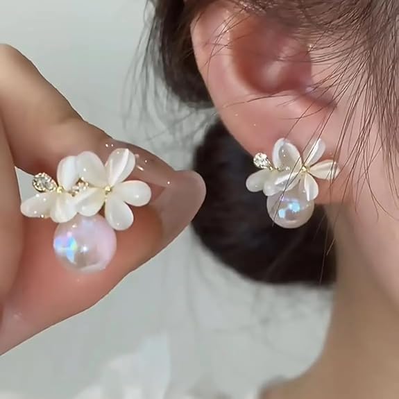 LukGud Latest Sweet Romantic Elegant White Flower Hoop Earrings