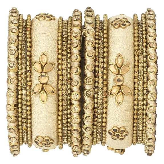 LukGud Kundan Studded Silk Thread Bangles Set