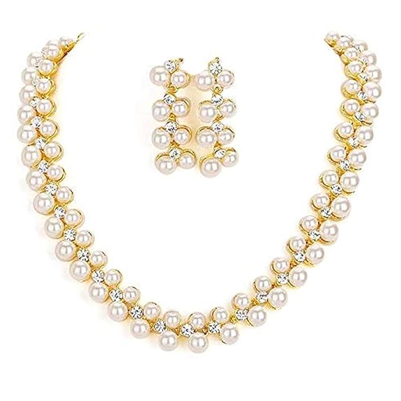 LukGud Gold Plated Pearl Necklace Set/Jewellery Set with Fancy Earrings for Girls/Women