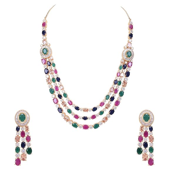 LukGud American Diamond Fashion Jewellery Red Green Blue White Multi Layer Necklace Set with Earring for Women/Girls
