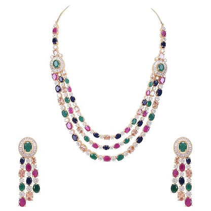 LukGud American Diamond Fashion Jewellery Red Green Blue White Multi Layer Necklace Set with Earring for Women/Girls