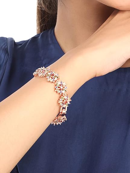 LukGud Women Crystal Bracelets | Rose Gold Plated Coin Shaped Bracelets | Multicolor CZ Crystals Bracelet