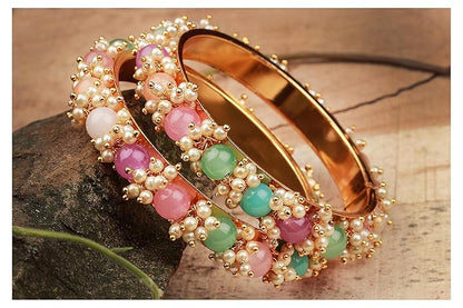 LukGud Less Fashion Gold Plated Cluster Pearl Beads Bangle Set for Women and Girls. (Set of 2)