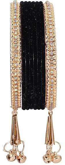 LukGud Velvet Studded Bells Latkan Bangles Set For Girls and Women -Pack of 16 Bangles