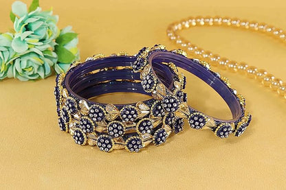 LukGud Stylish Glass Bangles Kada Set with Golden Zircon Diamond and Beads For Women & Girls