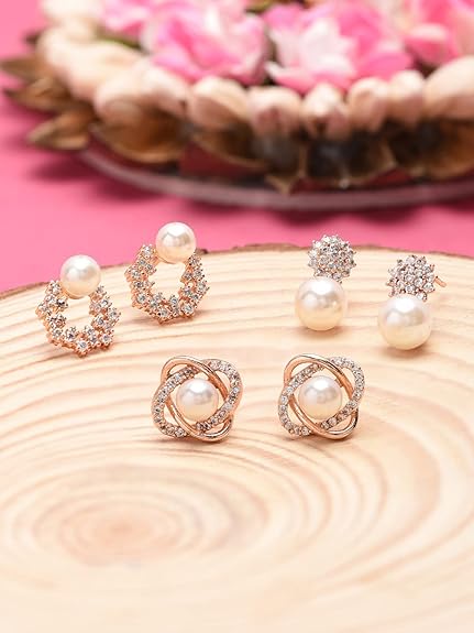 LukGud Combo of 3 Cubic Zirconia & Pearls Contemporary Stud Earrings For Women