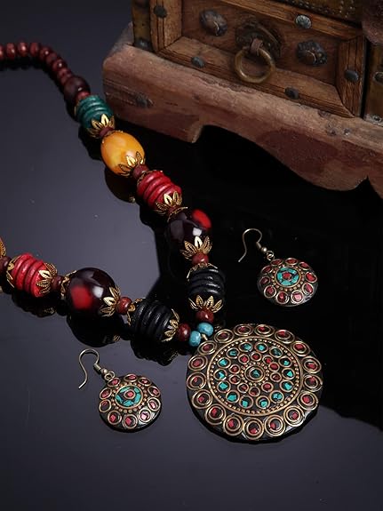 LukGud Latest Stylish Traditional Tibetan Pendant Necklace Jewellery Set for Women