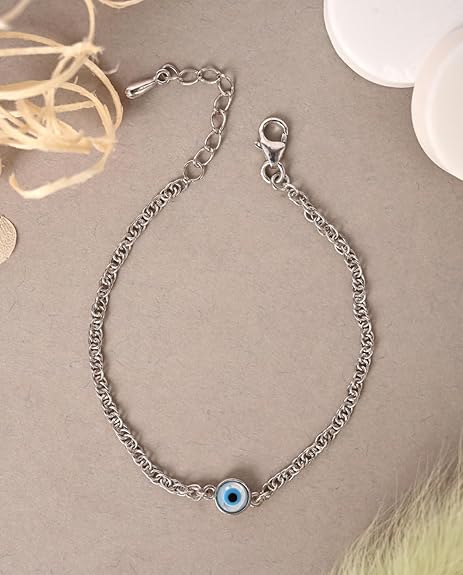 LukGud Silver Evil Eye Chain Bracelet, Adjustable, Anti Tarnish for Women and Girls