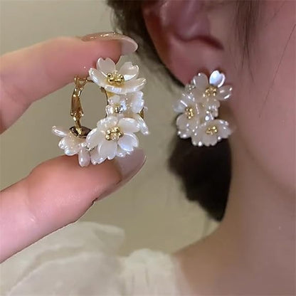 LukGud Latest Sweet Romantic Elegant White Flower Hoop Earrings