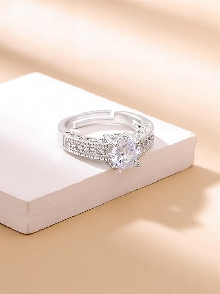 LukGud Rings for Women Crystal Silver toned White color Metal Rings for Women and Girls (Size US 6)