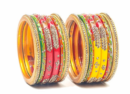 LukGud Bangles Red,Yellow and Green Color Set, Churi zircon work for Women and Girls