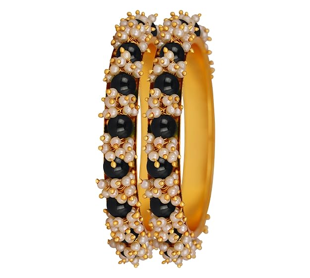 LukGud Gold Plated Cluster Pearl Beads Bangle Set for Women and Girls. (Set of 2)