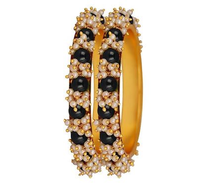 LukGud Gold Plated Cluster Pearl Beads Bangle Set for Women and Girls. (Set of 2)