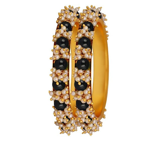 LukGud Gold Plated Cluster Pearl Beads Bangle Set for Women and Girls. (Set of 2)