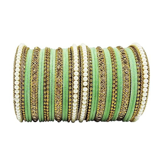 LukGud Traditional fabric stone metal bangles set for women and girls.