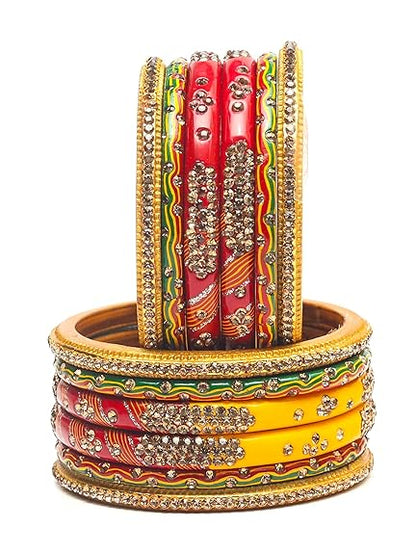 LukGud Bangles Red,Yellow and Green Color Set, Churi zircon work for Women and Girls