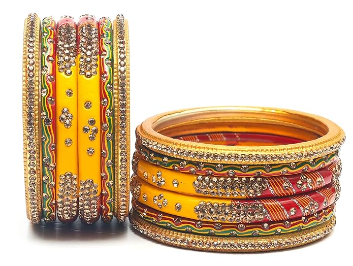 LukGud Bangles Red,Yellow and Green Color Set, Churi zircon work for Women and Girls