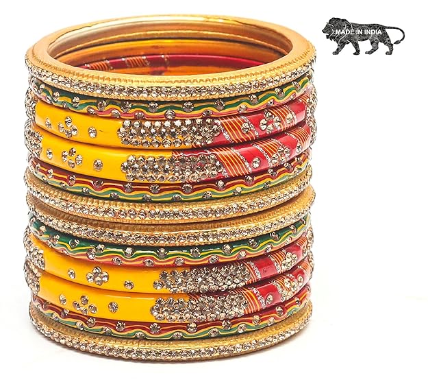 LukGud Bangles Red,Yellow and Green Color Set, Churi zircon work for Women and Girls