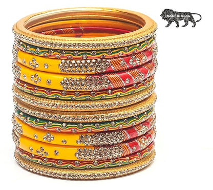 LukGud Bangles Red,Yellow and Green Color Set, Churi zircon work for Women and Girls